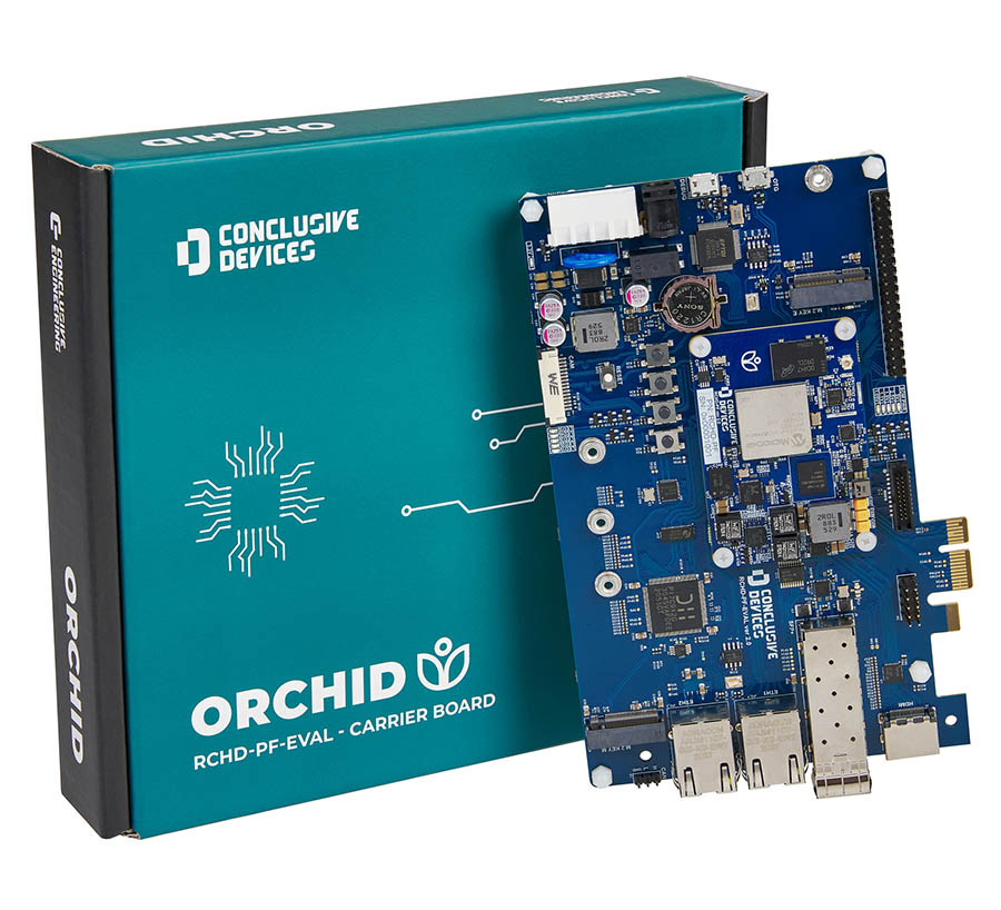 Side view of RCHD-PF evaluation board with packaging